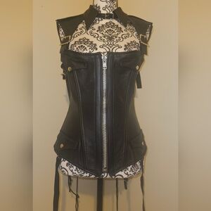 Black Leather Zip-Front Corset Vest